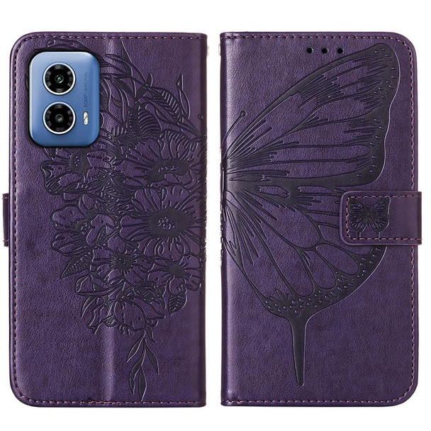 For Motorola Moto G34 Embossed Butterfly Leather Phone Case(Dark Purple)