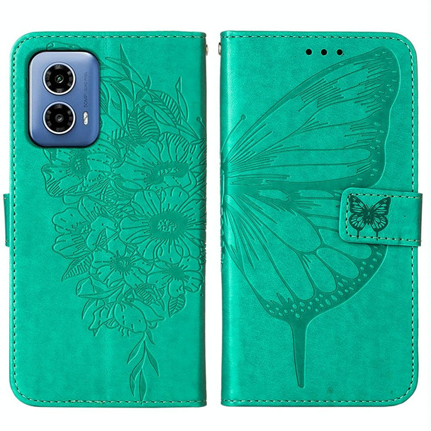 For Motorola Moto G34 Embossed Butterfly Leather Phone Case(Green)