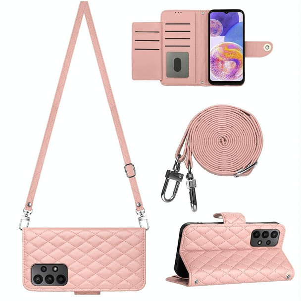 For Samsung Galaxy A33 5G Rhombic Texture Flip Leather Phone Case with Long Lanyard(Coral Pink)