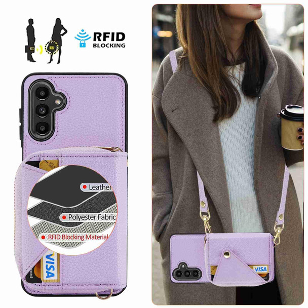 For Samsung Galaxy A13 5G / A04 / A04s Crossbody Zipper Card Bag RFID Anti-theft Phone Case(Purple)