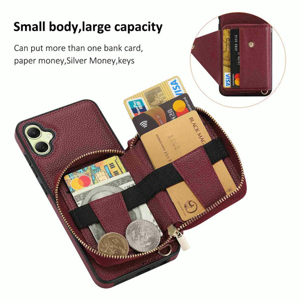 For Samsung Galaxy A05 Crossbody Zipper Card Bag RFID Anti-theft Phone Case(Wine Red)