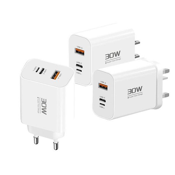 PD30W USB-C / Type-C + 8 Pin + USB-A Reverse Charger Suitable for iPhone Series(EU Plug)