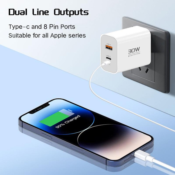 PD30W USB-C / Type-C + 8 Pin + USB-A Reverse Charger Suitable for iPhone Series(EU Plug)