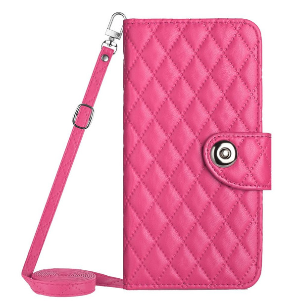 For Samsung Galaxy A15 5G Rhombic Texture Flip Leather Phone Case with Long Lanyard(Rose Red)