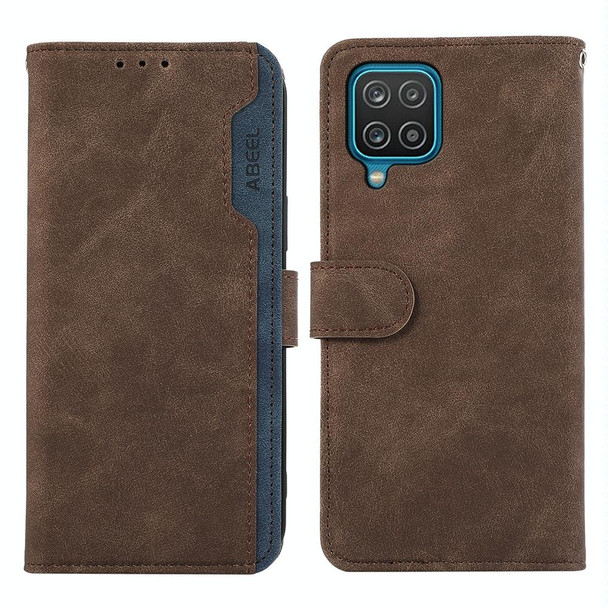 For Samsung Galaxy A12 ABEEL Color Block Magnetic RFID Leather Phone Case(Brown-Blue)