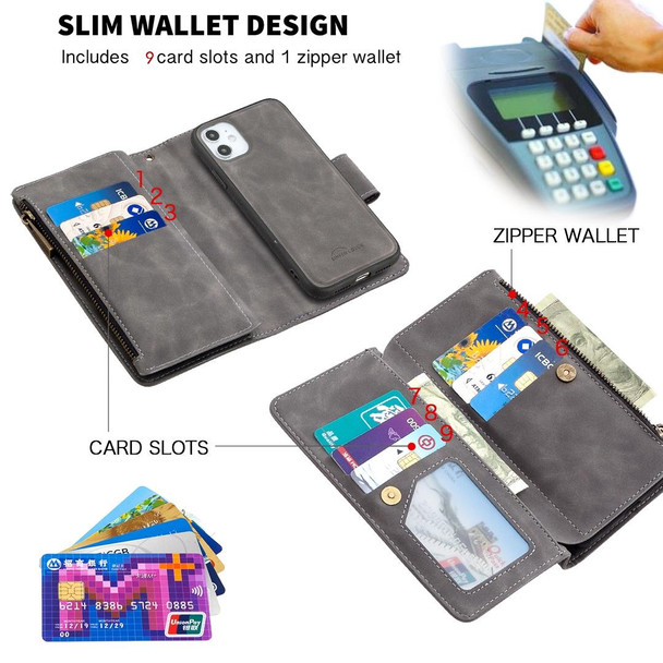 iPhone 11 Skin Feel Detachable Magnetic Zipper Horizontal Flip PU Leather Case with Multi-Card Slots & Holder & Wallet & Photo Frame & Lanyard(Grey)