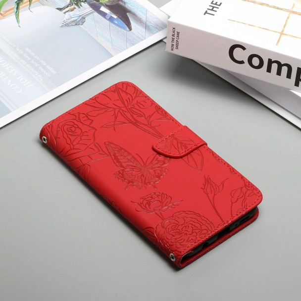 For Realme 12+ Global HT03 Skin Feel Butterfly Embossed Flip Leather Phone Case(Red)