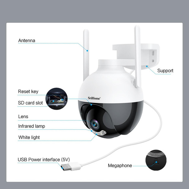 SriHome SH045 2MP DC5V IP66 Waterproof AI Auto Tracking Night Vision WiFi HD Camera(US Plug)