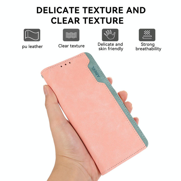 For Samsung Galaxy A14 5G ABEEL Color Block Magnetic RFID Leather Phone Case(Pink-Cyan)