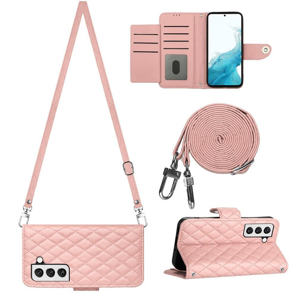 For Samsung Galaxy S22 5G Rhombic Texture Flip Leather Phone Case with Long Lanyard(Coral Pink)