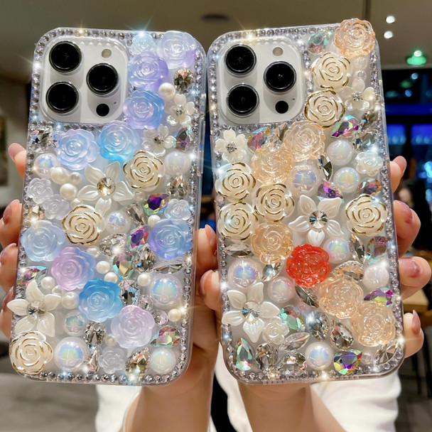 For iPhone 15 Rose Hand-set Pearl Diamond PC Phone Case(Apricot)