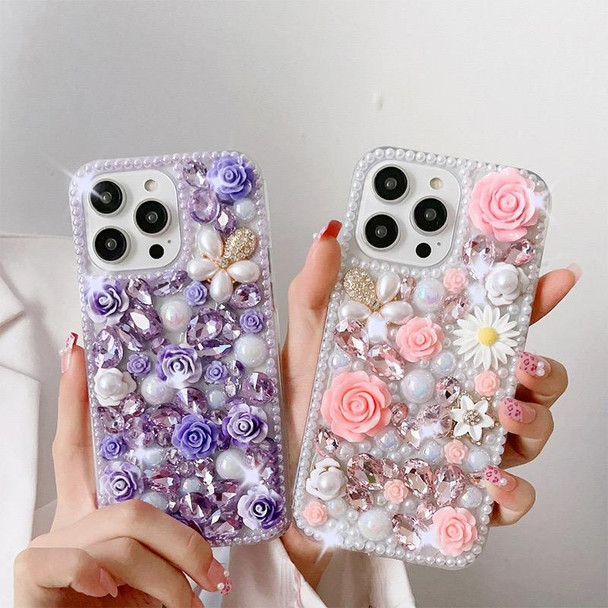 For iPhone 14 Rose Hand-set Diamond PC Phone Case(Purple)