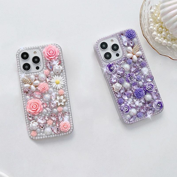 For iPhone XR Rose Hand-set Diamond PC Phone Case(Pink)