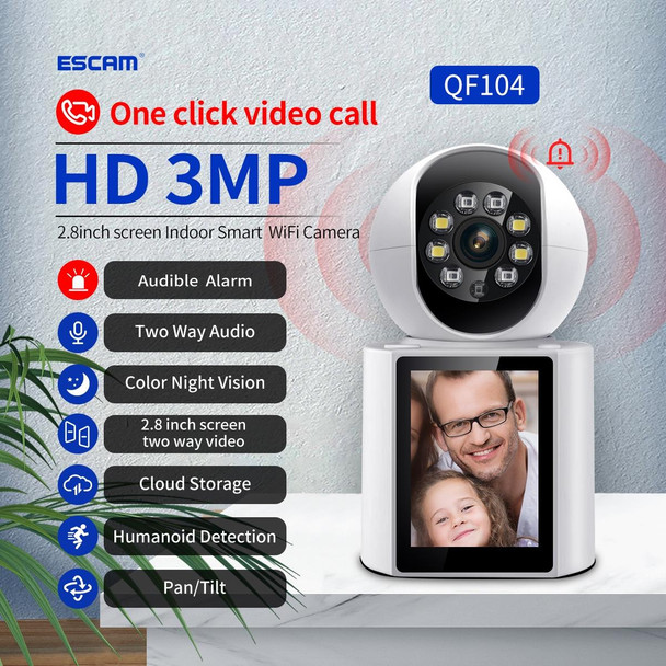 ESCAM QF104 One Click Video Call 3MP Indoor Humanoid Detection Audible Alarm Color Night Version Smart WiFi Camera, EU Plug