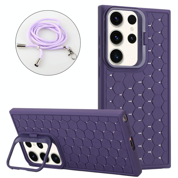 For Samsung Galaxy S24 Ultra 5G Honeycomb Radiating Lens Holder Magsafe Phone Case with Lanyard(Purple)