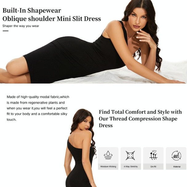 Summer Women 2 In 1 Oblique Shoulder Shapewear Dress Light Tightening Body Lifting Hip, Size: L(Black)