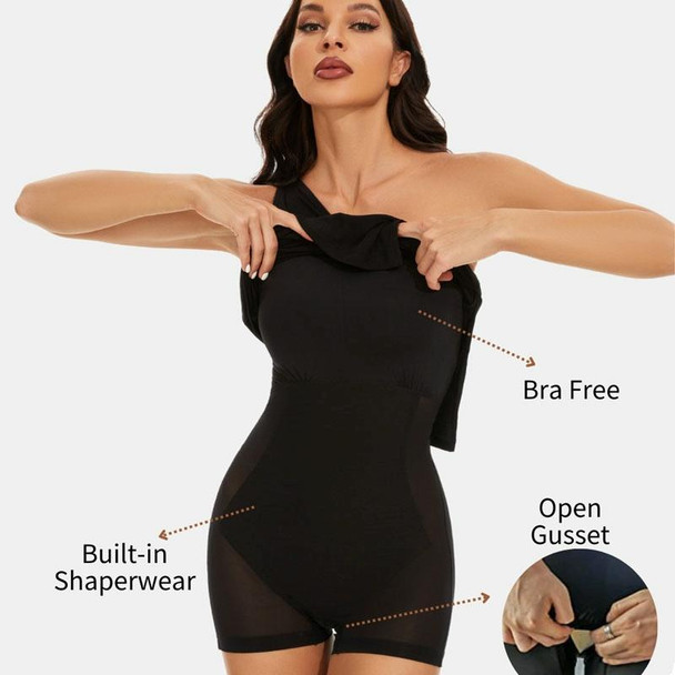 Summer Women 2 In 1 Oblique Shoulder Shapewear Dress Light Tightening Body Lifting Hip, Size: L(Black)