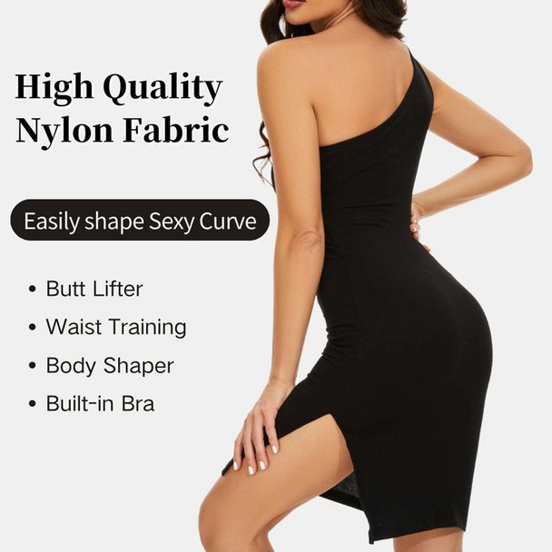 Summer Women 2 In 1 Oblique Shoulder Shapewear Dress Light Tightening Body Lifting Hip, Size: L(Black)