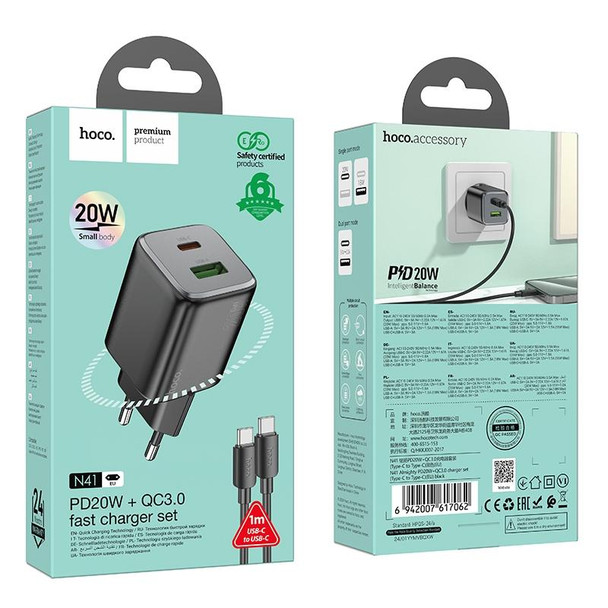 hoco N41 Almighty PD20W Type-C + QC3.0 USB Charger with Type-C to Type-C Cable, EU Plug(Black)