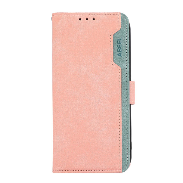 For iPhone 12 / 12 Pro ABEEL Color Block Magnetic RFID Leather Phone Case(Pink-Cyan)