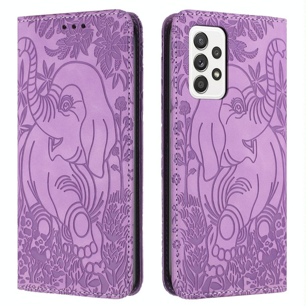 For Samsung Galaxy A52 Retro Elephant Embossed Leather Phone Case(Purple)