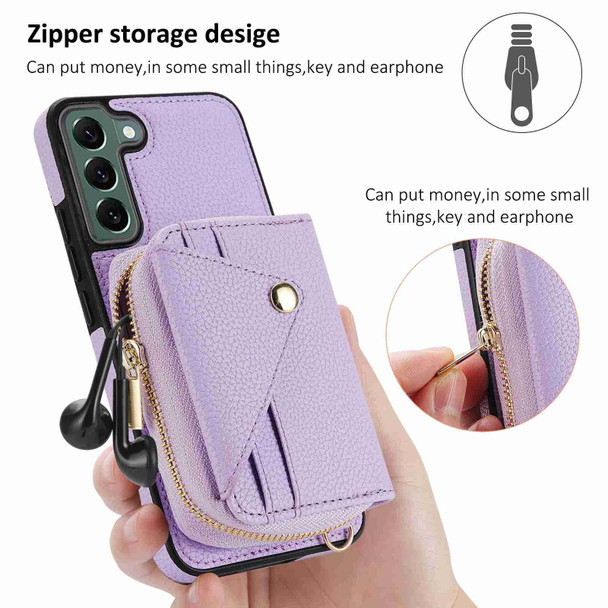 For Samsung Galaxy S22 5G Crossbody Zipper Card Bag RFID Anti-theft Phone Case(Purple)