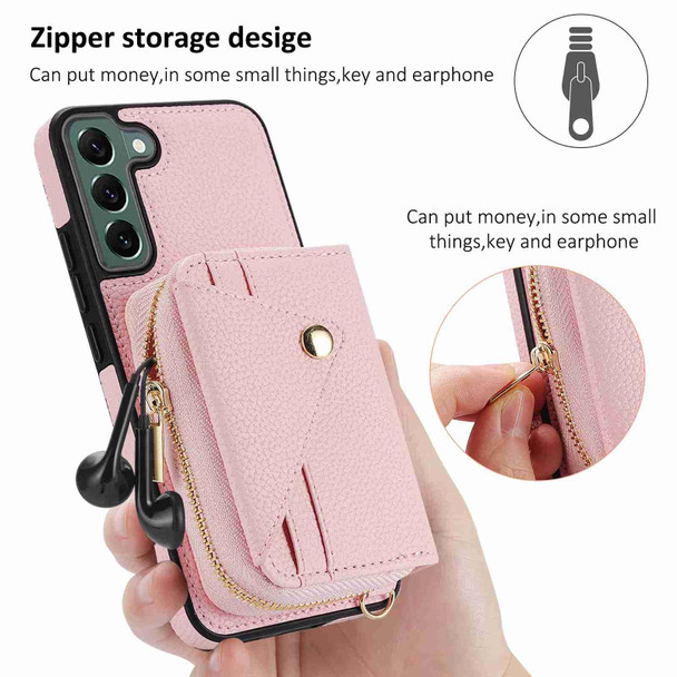 For Samsung Galaxy S22+ 5G Crossbody Zipper Card Bag RFID Anti-theft Phone Case(Pink)