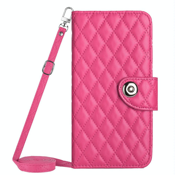 For Samsung Galaxy S20 FE Rhombic Texture Flip Leather Phone Case with Long Lanyard(Rose Red)