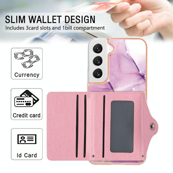 For Samsung Galaxy S22+ 5G Marble Pattern IMD Card Slot Phone Case(Pink Purple Gold)