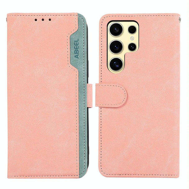 For Samsung Galaxy S22 Ultra 5G ABEEL Color Block Magnetic RFID Leather Phone Case(Pink-Cyan)