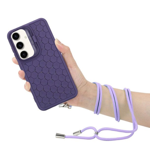 For Samsung Galaxy S23 FE 5G Honeycomb Radiating Lens Holder Magsafe Phone Case with Lanyard(Purple)