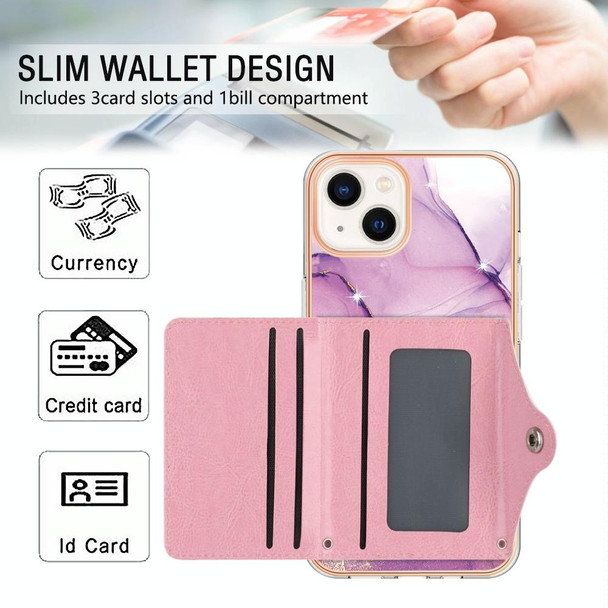 For iPhone 14 Plus Marble Pattern IMD Card Slot Phone Case(Pink Purple Gold)