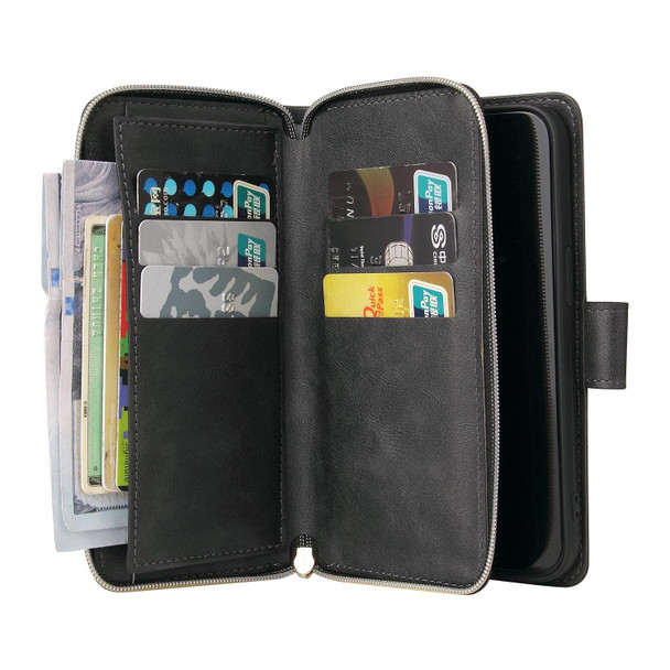 9 Card Slots Zipper Wallet Bag Leatherette Phone Case - iPhone 13 Pro(Black)