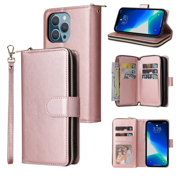 9 Card Slots Zipper Wallet Bag Leatherette Phone Case - iPhone 13 Pro(Rose Gold)