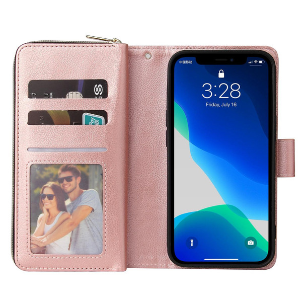 9 Card Slots Zipper Wallet Bag Leatherette Phone Case - iPhone 13 Pro(Rose Gold)