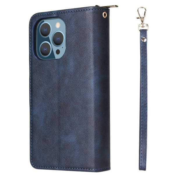 9 Card Slots Zipper Wallet Bag Leatherette Phone Case - iPhone 13 Pro(Blue)