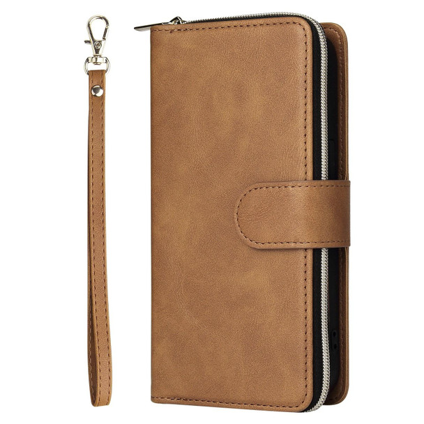 9 Card Slots Zipper Wallet Bag Leatherette Phone Case - iPhone 13 Pro(Brown)