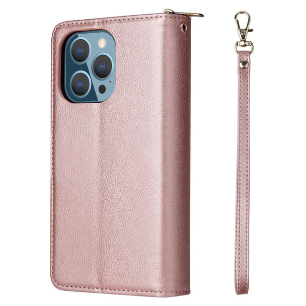 9 Card Slots Zipper Wallet Bag Leatherette Phone Case - iPhone 13 Pro Max(Rose Gold)