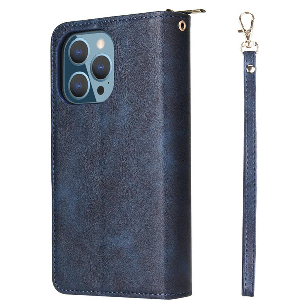 9 Card Slots Zipper Wallet Bag Leatherette Phone Case - iPhone 13 Pro Max(Blue)