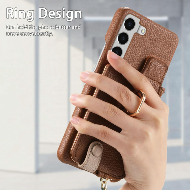 For Samsung Galaxy S22+ 5G Litchi Leather Oil Edge Ring Zipper Wallet Back Phone Case(Brown)