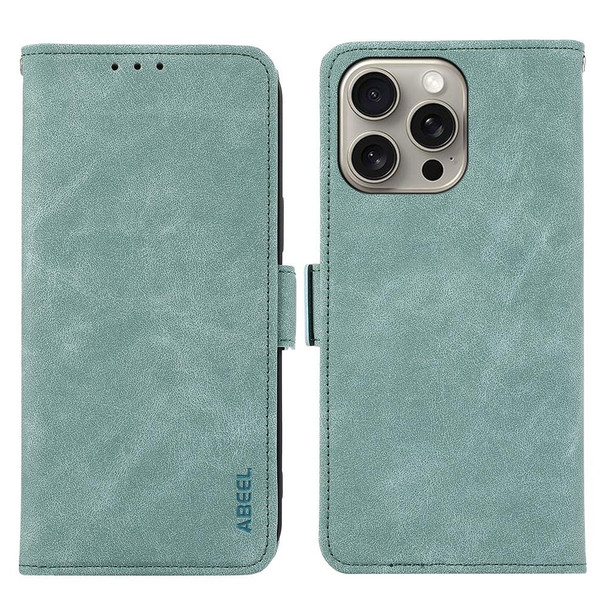 For iPhone 14 Pro Max ABEEL Frosted Magnetic RFID Leather Phone Case(Cyan)