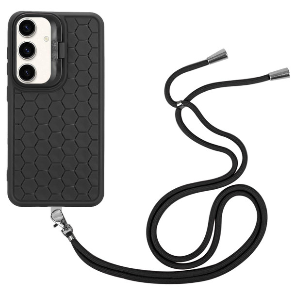 For Samsung Galaxy S23 FE 5G Honeycomb Radiating Lens Holder Magsafe Phone Case with Lanyard(Black)