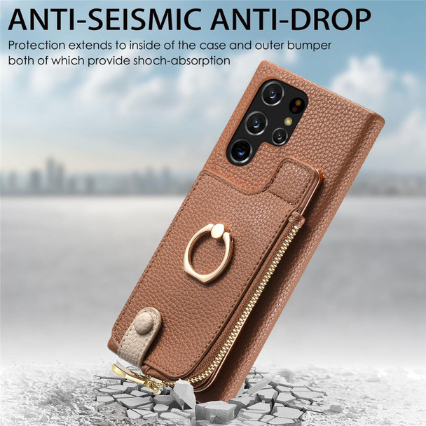 For Samsung Galaxy S22 Ultra 5G Litchi Leather Oil Edge Ring Zipper Wallet Back Phone Case(Brown)