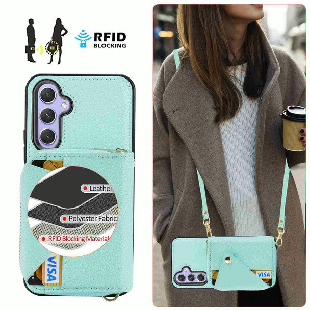 For Samsung Galaxy S23 FE 5G Crossbody Zipper Card Bag RFID Anti-theft Phone Case(Mint Green)
