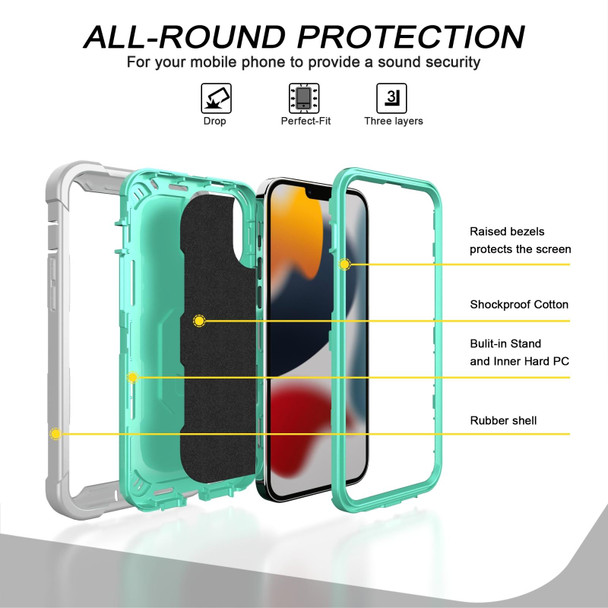 PC + Rubber 3-layers Shockproof Protective Case with Rotating Holder - iPhone 13 Pro(Grey White + Mint Green)