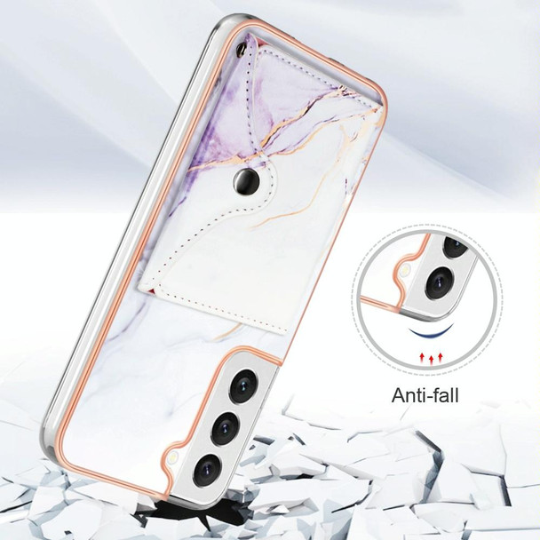 For Samsung Galaxy S22 5G Marble Pattern IMD Card Slot Phone Case(White Purple)