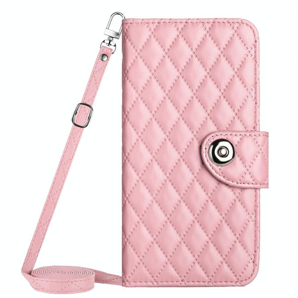 For Samsung Galaxy S20 FE Rhombic Texture Flip Leather Phone Case with Long Lanyard(Pink)
