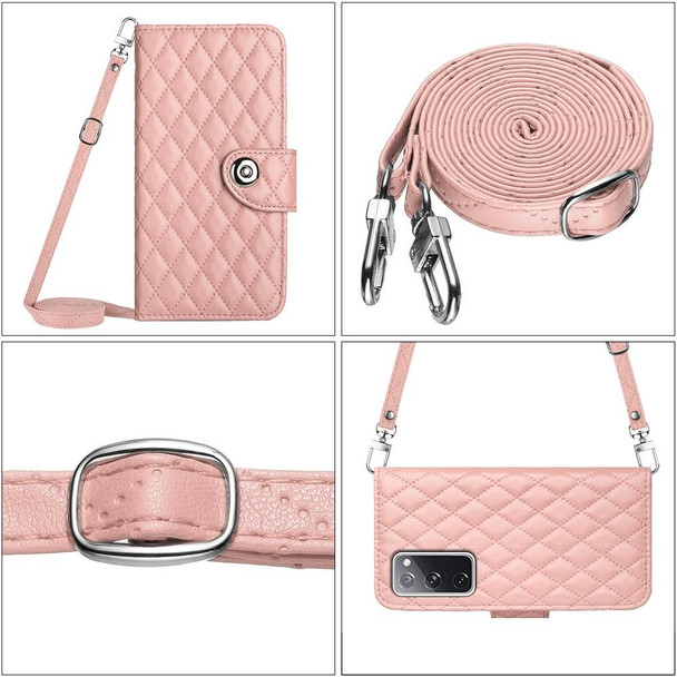 For Samsung Galaxy S20 FE Rhombic Texture Flip Leather Phone Case with Long Lanyard(Coral Pink)