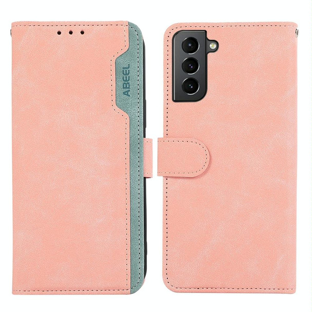 For Samsung Galaxy S21 5G ABEEL Color Block Magnetic RFID Leather Phone Case(Pink-Cyan)