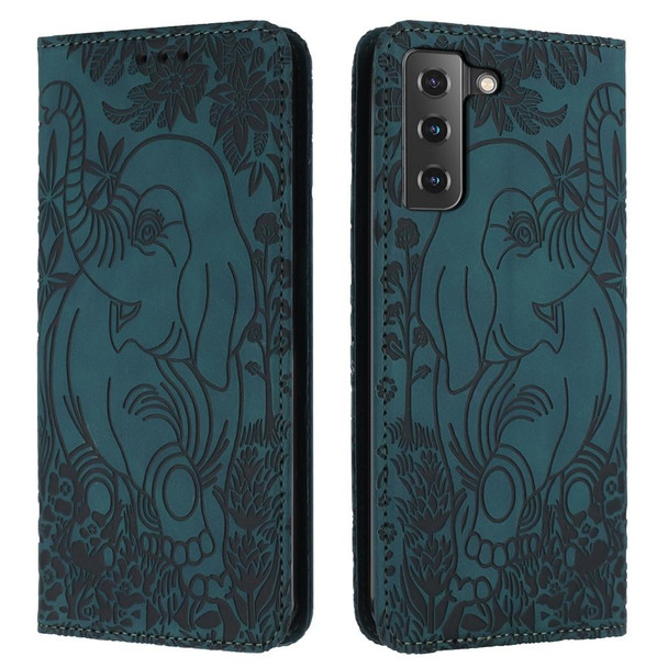 For Samsung Galaxy S22+ 5G Retro Elephant Embossed Leather Phone Case(Green)